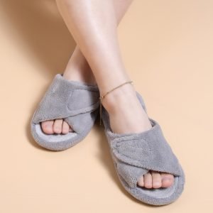 Comwarm Women Casual Fuzzy Slippers Autumn And Winter Open Toe Adjustable Female Flip Flops With Arch Support House Slippes