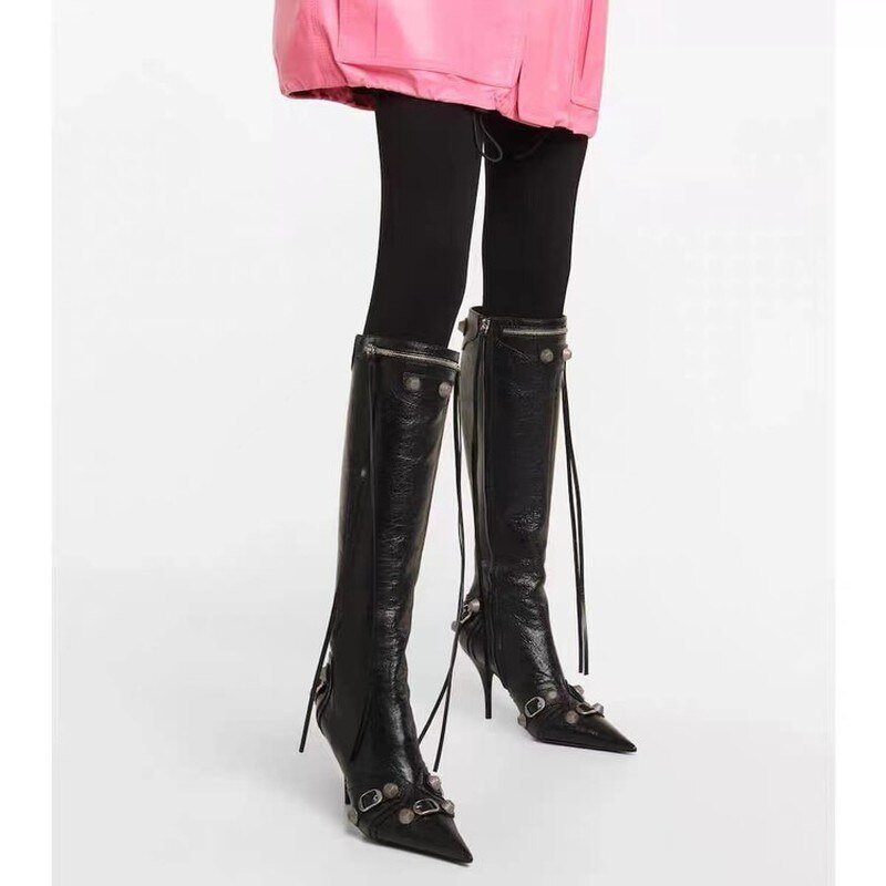 New-Fashion-Luxury-Pointed-Toe-Stiletto-Women-s-Shoes-Retro-Metal-Buckle-Zipper-Knee-High-Boots-2