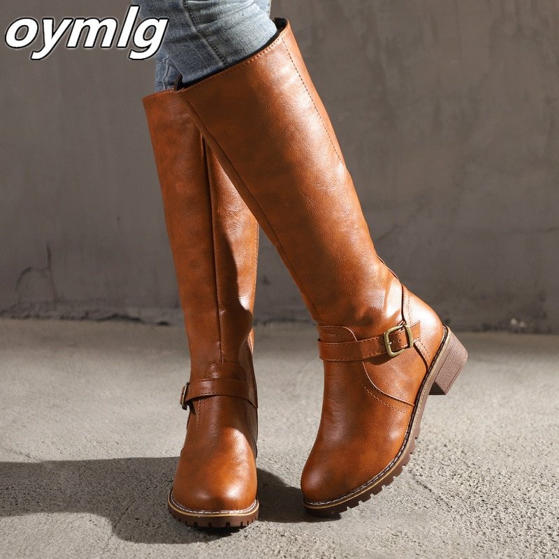 Thigh-high-Boots-brown-Women-Vintage-leather-Square-Heel-Zipper-knee-height-buckle-Boot-Keep-Warm